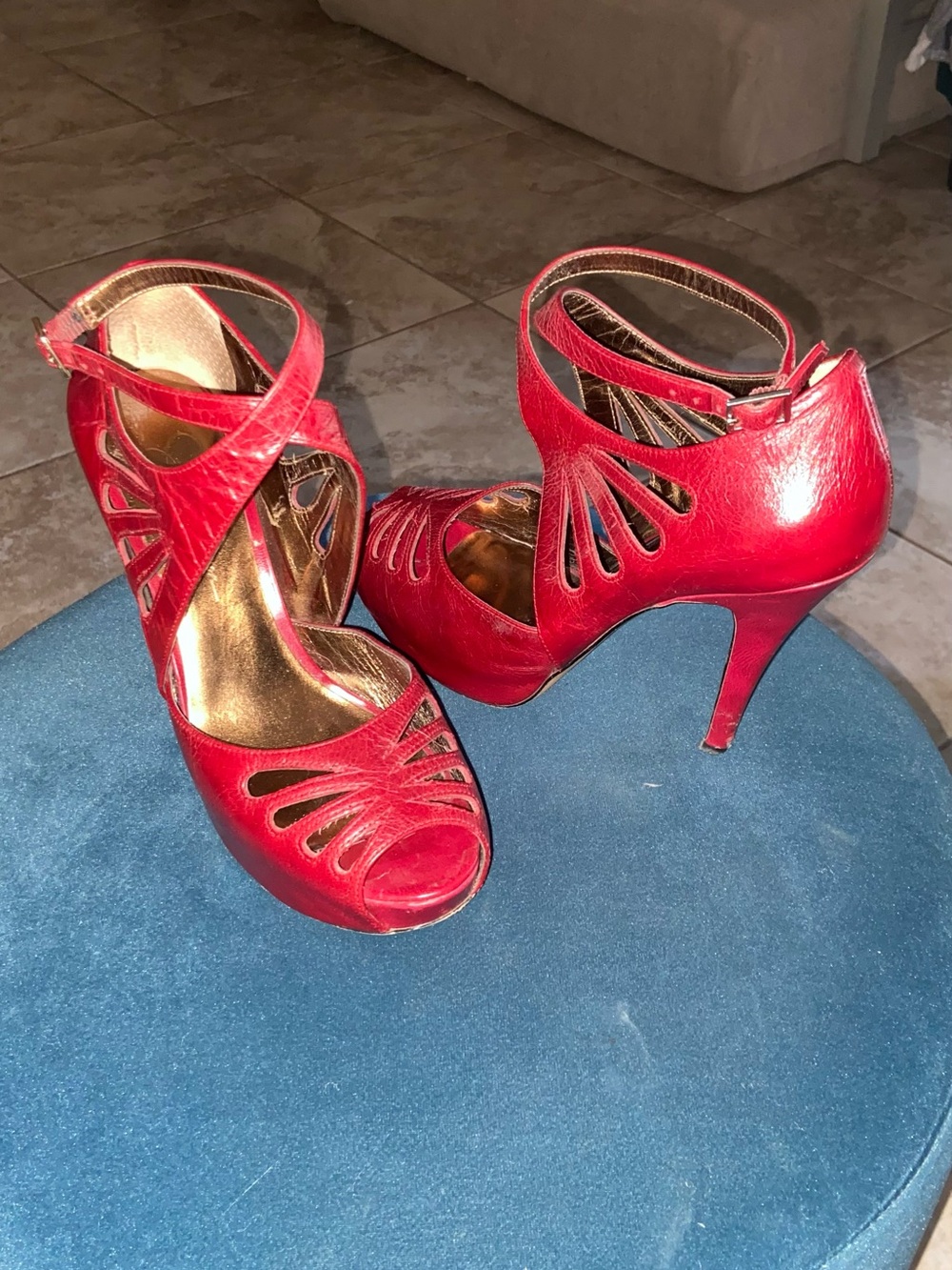 Jessica Simpson Red Cutout Peep-Toe Ankle Strap Heels